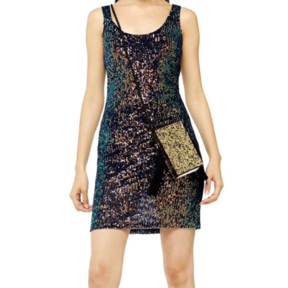 NWT Topshop Sparkly Colorful Sequins on Black Mini Dress Scoop Neck Party size 6